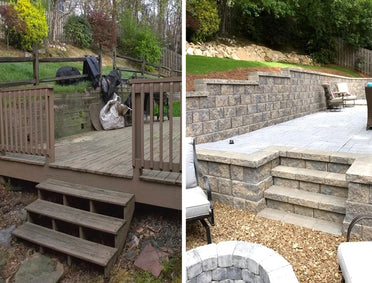 Before and After shots of a patio that was completely transformed by Precision Grading & Hardscapes