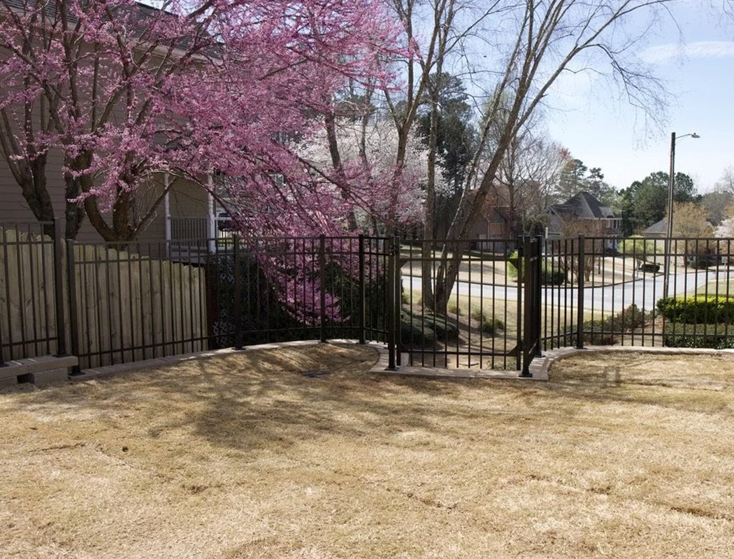 Sleek black aluminum driveway gate with elegant curved design and matching ornamental fencing, framed by vibrant blooming redbud trees for stunning curb appeal